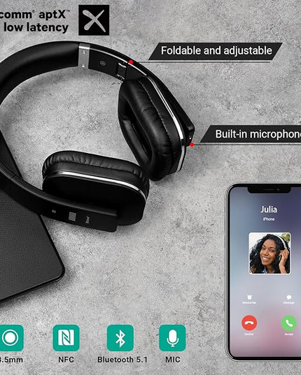 August EP650 Bluetooth Wireless Over-Ear Headphones with aptX Low Latency, NFC, Multipoint Pairing, Wired Option, Built-in Microphone - Black