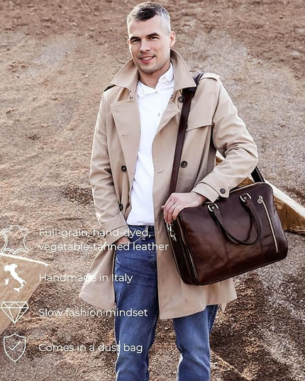 Time Resistance Leather Laptop Briefcase - Full Grain Leather Computer Bag for Men and Women