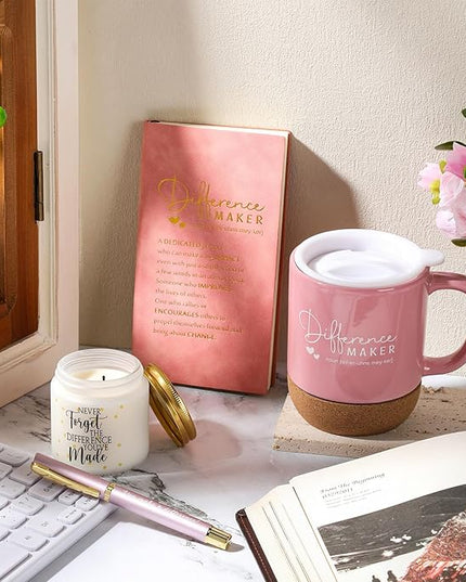 4 Pcs Difference Maker Gift for Women Men Teacher Employee Appreciation Gift for Coworker Staff Coach Difference Maker Mug Notebook Scented Candle Motivational Ballpoint Pen for Valentines(Pink)