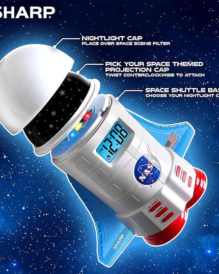 Sharp NASA Space Shuttle Night Light Alarm Clock – Wings and Booster Lights Up – Space Design Nightlight Fun with 4 Color Options and 2 Space Themes for Bedroom, Great Gift!