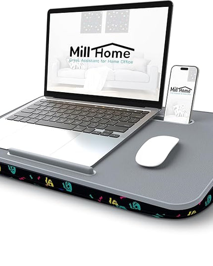 Millhome Lap Desk | Portable Laptop Desk – Fits Up to 17.3" Laptops – Detachable & Washable Cushion, Phone Holder, Device Ledge – for Writing, Working, Reading on Bed, Couch, Sofa, Floor – Black Skull