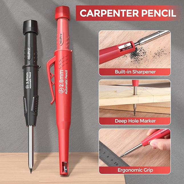 Nicpro 24PCS CP3000 Mechanical Carpenter Pencil Set with Sharpener & Sheath, Lead Refills, Long Nib Marker, Center Punch, Carbide Scribe Tools, Heavy Duty Construction Pencil for Architect Woodworking