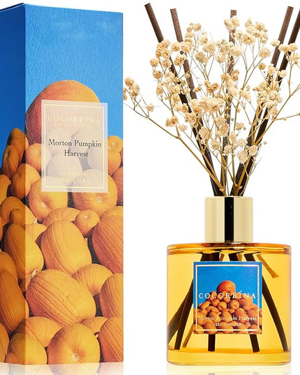 COCORRÍNA Reed Diffuser - Morton Pumpkin Harvest Reed Diffuser Set with 8 Sticks & Preserved Baby's Breath, Reed Diffuser for Home Bathroom Shelf Decor