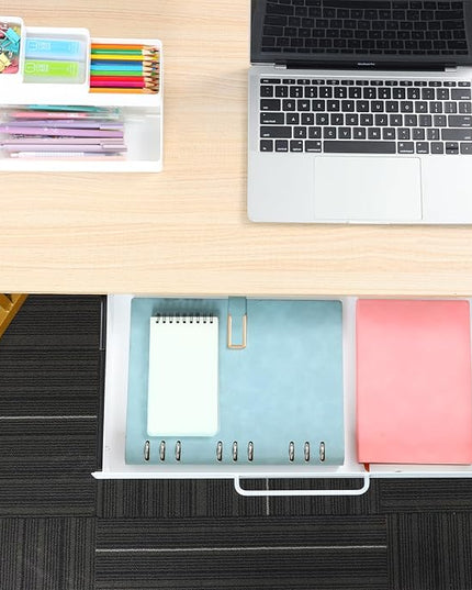 OSteed Under Desk Drawer White 21" with 4 Divider Trays, Under Shelf Pencil Drawer Pull-out, Standing Desk Metal Storage Attachment Slide Out for Workbench