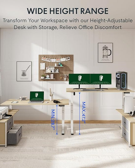 FLEXISPOT 63'' L Shaped Reversible Standing Desk with Drawers and Shelves, Large Corner Stand Up Executive Desk for Home Office, Light Wood Grain Top+ White Frame