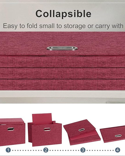 Large 17" 36 Quart Collapsible Stackable Storage Bins with Lids, 3 Packs Bright Red Linen Fabric Closet Boxes with Lids, Storage Cube Baskets Container Organizers for Office (17x12x11)