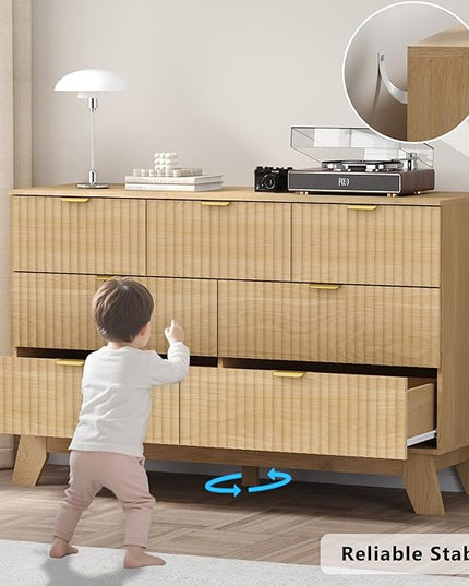 BORNOON Fluted 7 Drawer Dresser, 47.2" Wide Modern Boho Chest of Drawers, Wooden Storage Dresser TV Stand for Bedroom, Living Room, Closet, Hallway, Curved Profile Design