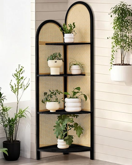Corner Shelf Stand 4-Tier 70" Corner Shelves Display Shelf Pine Wood Frame with Rattan Wall Corner Bookshelf Multi Unit Organizer Rack with Legs for Living Room Decor,Small Space (Black)