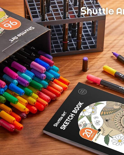 Shuttle Art Dual Tip Brush Pens, 96 Colours Fine and Brush Tip Markers Set with Pen Holder & 1 Colouring Book, Felt Tip Colouring Pens for Adults and Children Colouring Calligraphy Journal Doodling