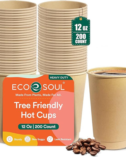 ECO SOUL 200 Pack 12 oz Disposable Coffee Cups Eco-Friendly, Biodegradable, Compostable, Leak-free & Sturdy To Go Hot Drink Travel Bagasse Cup for Tea, Chocolate, Party, Picnic & Cafe, Office & Home