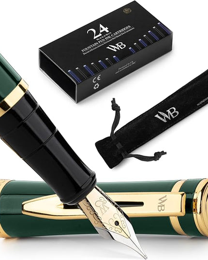 Wordsworth & Black Fountain Pen Set, 18K Gilded Medium Nib, Includes 24 Pack Ink Cartridges, Ink Refill Converter & Gift Pouch, Gold Finish, Calligraphy, [Racing Green], Perfect for Men & Women
