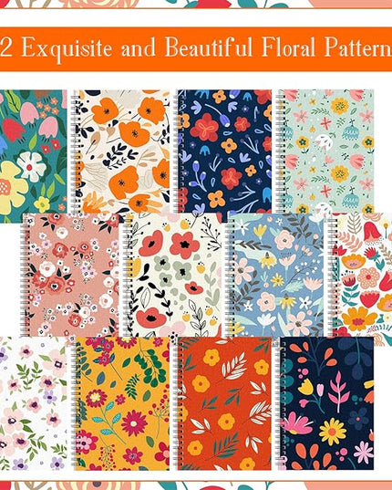 Fuutreo 12 Pcs Spiral Notebook for Work A5 8.3 x 5.7 Inch College Ruled Spiral Journal Notebook Kraft Cover Ruled Paper, 12 Color, 60 Sheets, 120 Pages for Office School(Floral Color)