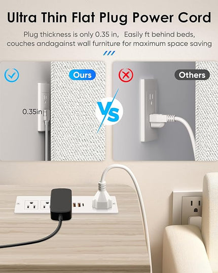 VILONG Flat Plug Recessed Power Strip with PD 20W USB-C, Flush Mounted Drawer Outlet, 4 AC Outlets & 3 USB Ports, Conference Desktop Built in Power Strip, 10FT Extension Cord(White)
