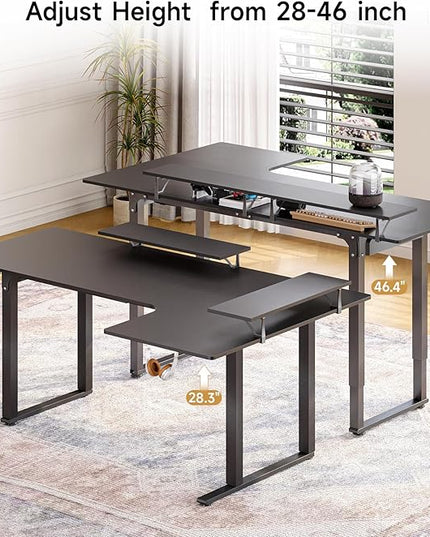 L Shaped Standing Desk, 63x43'' Electric L Stand Up Desk with 2 Adjustable Monitor Shelves, Dual Motor and Memory Controller, Adjustable Height from 28-46'' for Home and Computer Workstation, Black