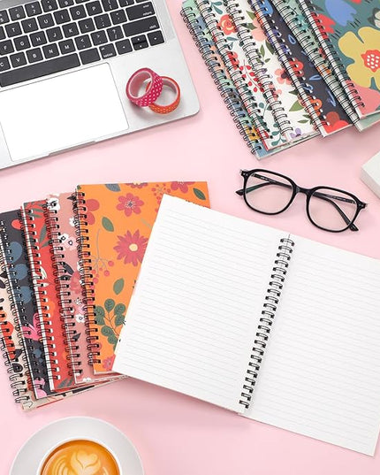Fuutreo 12 Pcs Spiral Notebook for Work A5 8.3 x 5.7 Inch College Ruled Spiral Journal Notebook Kraft Cover Ruled Paper, 12 Color, 60 Sheets, 120 Pages for Office School(Floral Color)