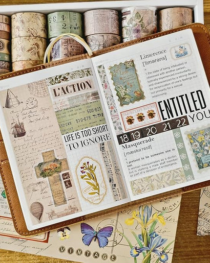 Bomichi 32 Rolls Vintage Washi Tape, Aesthetic Colored Decorative Cute Scrapbook Tape for Scrapbooking Supplies Journaling Craft Junk Journal