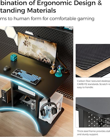 EUREKA ERGONOMIC Gaming Desk Computer, 37" Rolling Desk on Wheels for Small Space, Mobile Computer Cart with Pegboards Adjustable Shelves for Gaming PS Switch Home Office - Black