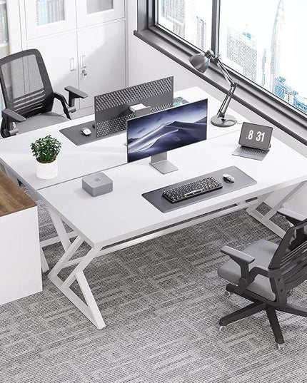 LVB Modern White Computer Desk, Long Industrial Home Office Desk for Student, Large Metal Wood Writing Study Work Desk, Farmhouse Executive Gaming Computer Table for Bedroom Living Room, White, 60 in