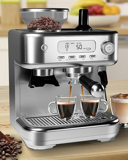 IDEALHOUSE Espresso Maker with Grinder,Milk Frother, 15 Bar Pump, 15 Grind Settings, Digital Display, High Power Milk Frother, Digital LCD Screen, Stainless Steel Coffee Maker for Home and Office