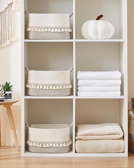 Storage Bins Woven Baskets for Storage Set of 3, Cotton Rope Basket with Handles for Toys/Shelves/Laundry, Rectangle Multi-Purpose Organizer for Living Room, Bedroom, Nursery (White/Beige)