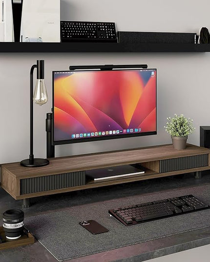 Fenge Dual Monitor Stand, 42.5inch Long Monitor Stands Riser for 2 Monitors, Sliding Door with Storage Organizer Stand for Desk, 2 Tier Desk Shelf for Laptop, Pc, Printer, Computer, TV