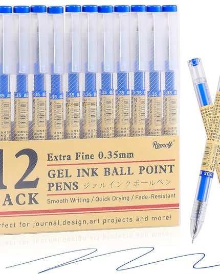 RIANCY 12 Pack Blue Gel Ink Pens, 0.35mm Extra Fine Point Tip, Japanese Style Stationery Quick Dry No Smear No Bleed, Smooth Writing Pens Ballpoint for Journaling Note Taking Office School Supplies
