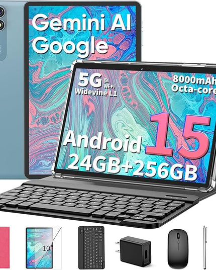 2026 10 Inch Tablet, Android 15 Tablet with Keyboard, 24GB+256GB+2TB Expand, 2-in-1 Tablets with 8-Core, 5G WiFi, 8000mAh, BT5.0, GMS, GPS, Gemini AI, Tablets PC with Mouse, Case, Stylus (Pink)