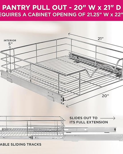 HOLDN’ STORAGE Heavy-Duty Premium Collection Pull Out Cabinet Organizer, Cabinet Drawer Slide Outs, Lifetime Limited Warranty - Basket Size 20" W x 21" D x 5" H, Anti-Rust Chrome Finish