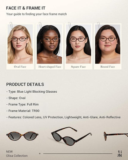 TIJN Olisa Blue Light Blocking Glasses for Women Men,Oval Glasses Frame Bluelight Glasses for Gaming/Computer/Screen