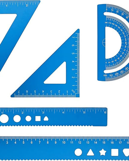 Zotemo 5 Pcs Metal Geometry Set, Math Drafting Ruler Kit- Aluminum Triangle Rulers, Protractor, 8 Inch and 6 Inch Drawing Ruler, Measuring Tool for School and Office Supplies (Blue)