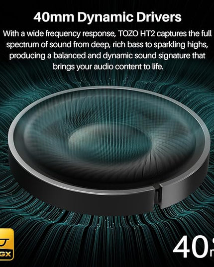 TOZO HT2 Hybrid Active Noise Cancelling Headphones, Wireless Over Ear Bluetooth Headset, 60H Playtime, Hi-Res Audio Custom EQ via App Deep Bass Comfort Fit Ear Cups, for Home Office Travel