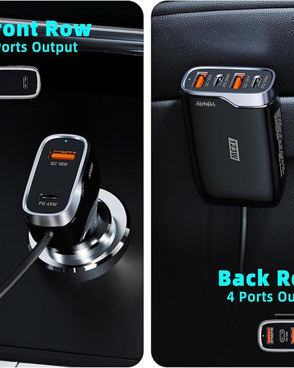 6 Multi Ports USB C Car Charger, 123W Fast Car Charger Adapter, PD 45W Compatible with iPhone17/Galaxy/Samsung S25, Type C Cigarette Lighter USB Charger with 5.7FT Cable for Rear Seat Charging(Black)
