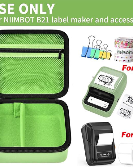 ALKOO Case Compatible with NIIMBOT B21 / B1 Label Maker Wireless Thermal Label Printer, Holder for Inkless Label Maker & Labeling Tapes Refills, with Mesh Pocket for Cable Accessories (Green)