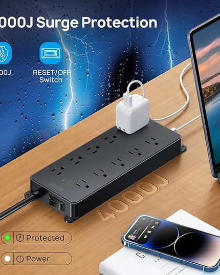 TROND Surge Protector Power Strip 10ft, 4000J, ETL Listed, 10 Widely Spaced Outlets, 2 USB A & 2 USB C Ports, Flat Plug Long Extension Cord, Wall Mountable, for Home Office Entertainment, Black