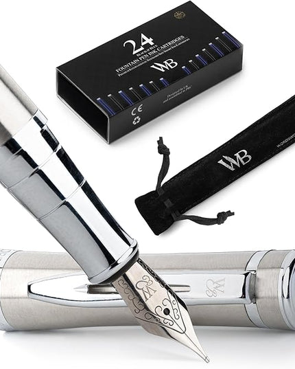 Wordsworth & Black Fountain Pen Set, Medium Nib, Includes 24 Pack Ink Cartridges, Ink Refill Converter & Gift Pouch, Chrome Finish, Calligraphy, [Silver Chrome], Perfect for Men & Women