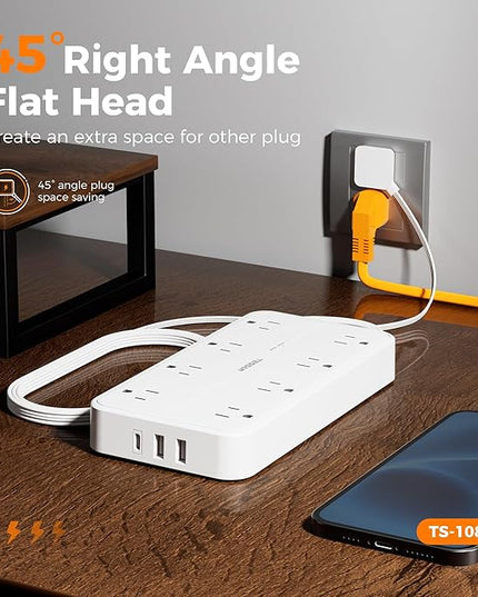 Power Strip with Surge Protection, TESSAN Flat Plug Extension Cord with 8 Outlets 3 USB Ports(1 USB C), 1080 Joules, 6 Ft, Wall-Mounted Charging Station for Apartment Office Dorm Room Essentials