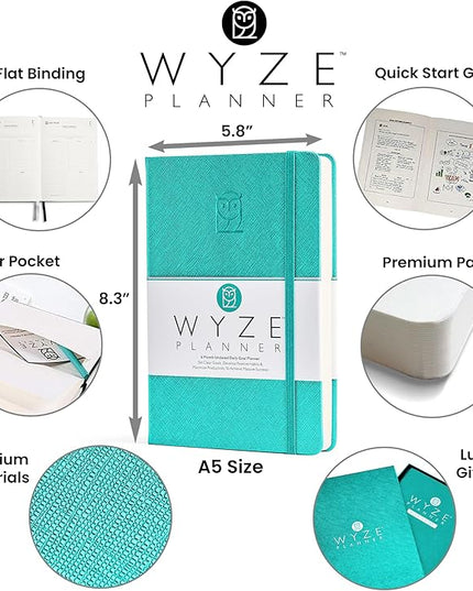 Undated Daily Planner – 6-Month A5 Productivity Organizer with Full Page Per Day, Hourly Schedule, Goal Setting, Habit Tracker, Weekly & Monthly Pages – Hardcover Time Management Notebook (Turquoise)
