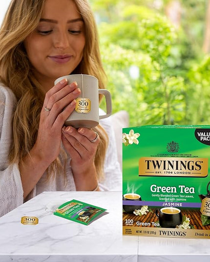 Twinings Green Tea with Jasmine Individually Wrapped Bags, 100 Count (Pack of 1), Fragrant Floral Scent, Caffeinated, Enjoy Hot or Iced, 100 Teabags