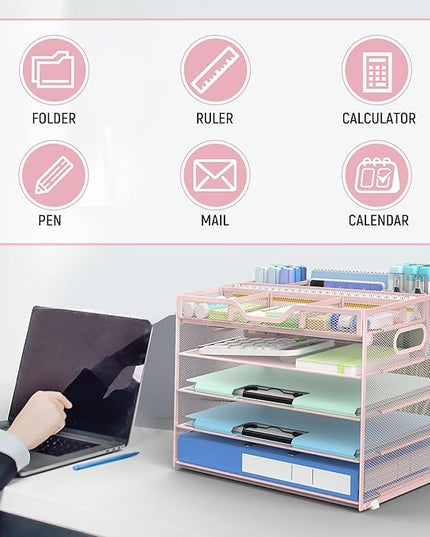 Docnest 5 Tier Mesh Desk Organizer- Letter Tray with Adjustable Compartments, Mesh Desktop Storage Built in Pen Holder and Handles, Desk Organizer Tray for Mail Documents Office Supplies–Pink