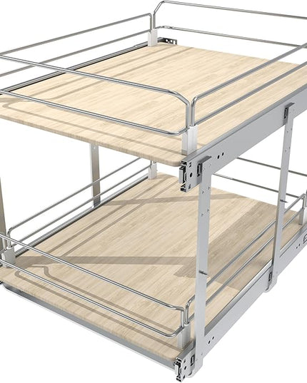 2 Tier Pull Out Cabinet Organizer 18" W X 22" D, Slide Out Drawers For Kitchen Cabinets, Pull Out Drawers For Cabinets Capacity Heavy Duty Caddy, Cabinet Pullout Shelves Wood Chrome, Pantry Storage