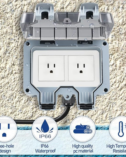Outdoor Power Outlet Box with 9.8Ft Extension Cord, NEMA 5-15R, STW 14 AWG, Weatherproof Waterproof IP66 Electrical Outlet Extender, Exterior Wall Power Socket w/Cover for Garden