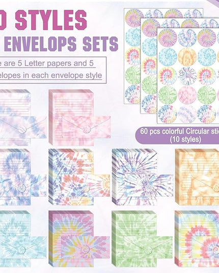 TaoBary 160 Pcs Stationery Paper Set 50 Double Sided Stationery Papers with 50 Matching Envelopes and 60 Round Dot Sticker, 10 Design(Tie Dye,8.5 x 11 Inch)