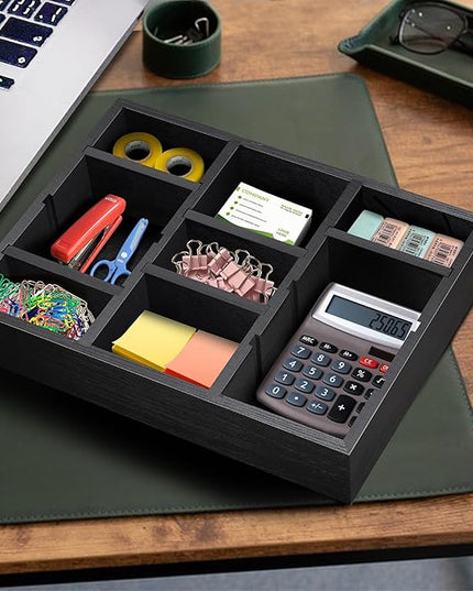 TEESSFROOD Desk Drawer Organizer Tray with 9 Adjustable Compartments, Wooden Office Desk Accessories Supplies Organization Storage for Desktop Bathroom Vanity Makeup Black