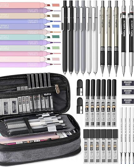 Nicpro 50 PCS School Supplies Stationary Set with Pencil Case - 6 Gel Pens & Refills, 12 Highlighters, 6 Art Mechanical Pencil Set, 12 Tube lead Refills for College Essentials Office Stationery -Black