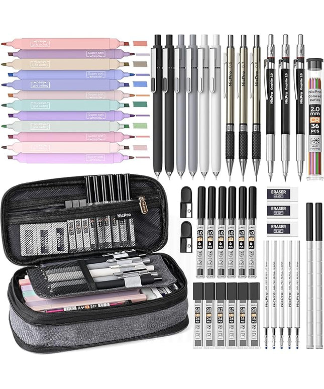 Nicpro 50 PCS School Supplies Stationary Set with Pencil Case - 6 Gel Pens & Refills, 12 Highlighters, 6 Art Mechanical Pencil Set, 12 Tube lead Refills for College Essentials Office Stationery -Black