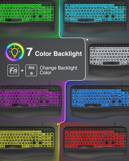 SABLUTE Ergonomic Keyboard, USB Wired with Cushioned Wrist & Palm Rest, 7-Color Backlit Adjustable Brightness for Windows, macOS, Desktop, Laptop & PC