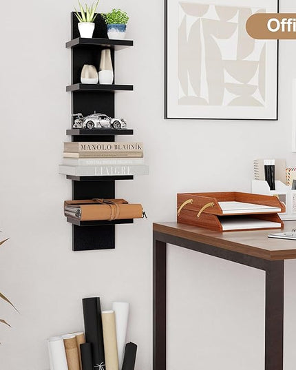 Fun Memories 5 Tier Wall Shelf Unit, Decorative Wall Mount Vertical Shelving, Floating Storage Home Decor Organizer Tall Tower Design Utility Shelving Bedroom Living Room, Black