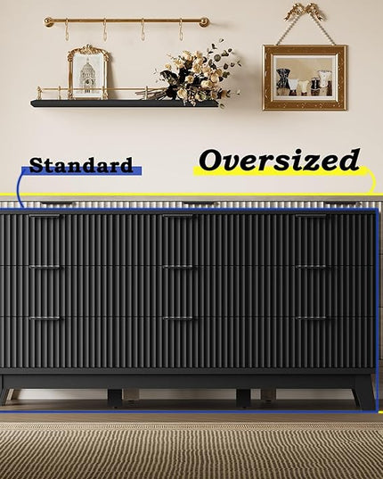 BORNOON Fluted 9 Drawer Dresser, 57.1" Wide Modern Boho Chest of Drawers, Wooden Storage Dresser TV Stand for Bedroom, Living Room, Closet, Hallway, Curved Profile Design