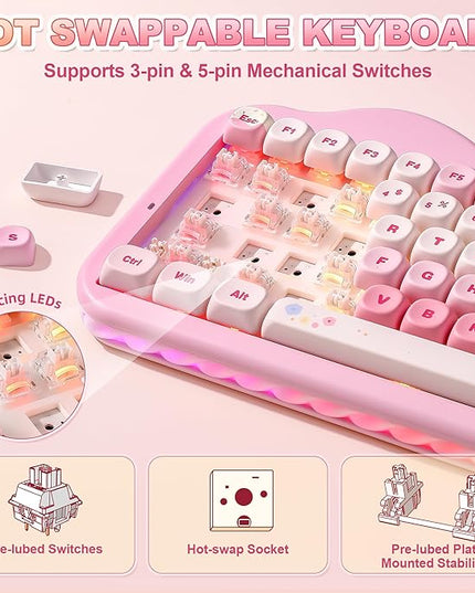 YUNZII C75 Wireless Mechanical Keyboard,75% Layout, Hot-Swappable NKRO,BT5.0/2.4G/USB-C Mode,Dye-Sub PBT MOA Keycaps,RGB Gasket Mount,Cute Cake Design for Mac/Win/Gaming (Pink, Milk V2 Switch)