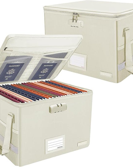 ENGPOW File Box with Lock,Fireproof Document Box with Zipper Lid,Collapsible File Storage Organizer Filing Cabinet with Handles,Portable Home Office Safe for Hanging Letter/Legal Folders,Beige,2 Pack